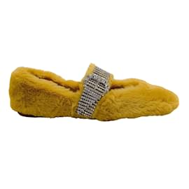 Jimmy Choo-Jimmy Choo Yellow Faux Fur Krista Flats with Crystal Embellishments-Yellow
