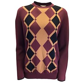 Autre Marque-Plan C Burgundy Multi Argyle Diamond Knit Pullover Sweater-Dark red