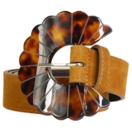 SéZane-Brown suede and leather belt with tortoise shell buckle-Brown