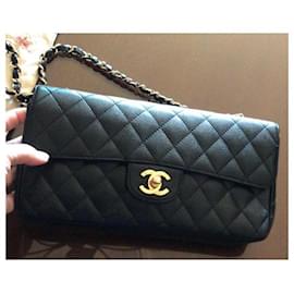 Chanel-Chanel Black Quilted Caviar Leather Small East West Classic Timeless Flap Bag with gold hardware-Black