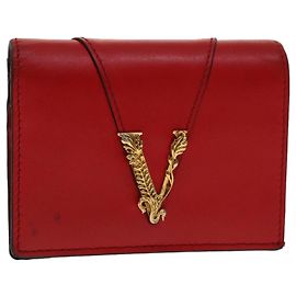 VERSACE Virtus Compact Wallet Leather Red Gold Tone Auth hk797 Red Other
