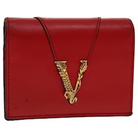 Versace-VERSACE Virtus Compact Wallet Leather Red Gold Tone Auth hk797-Red,Other