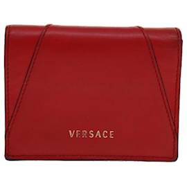 Versace-VERSACE Virtus Compact Wallet Leather Red Gold Tone Auth hk797-Red,Other