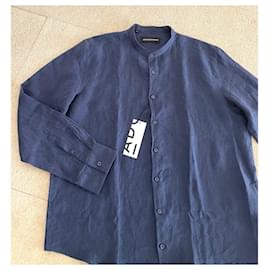 Adolfo Dominguez-Camisa de lino azul marino con cuello Mao Adolfo Dominguez T. XXL (Talla de cuello 47,5cm)-Azul marino