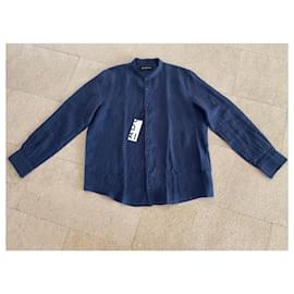 Adolfo Dominguez-camicia in lino blu navy con collo alla coreana Adolfo Dominguez T. XXL (Dimensione del colletto 47,5cm)-Blu navy