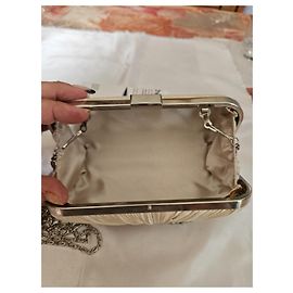 No Name Cream Satin Pleated Evening Clutch with Chain Handles Cream