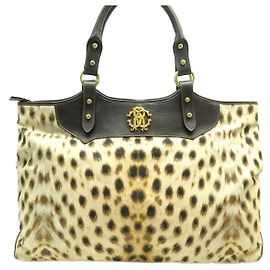 BOLSA ROBERTO CAVALLI TOTE BOLSA DE COURO LEOPARDO EM LONA MARROM Marrom