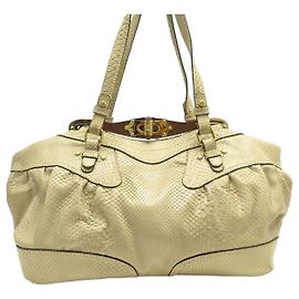 SAC A MAIN ROBERTO CAVALLI PYTHON ET BOIS LOGO CUIR BEIGE WOOD HAND BAG Beige