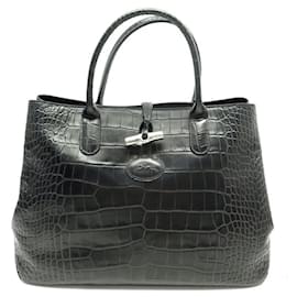 Longchamp-Longchamp roseau handbag 2686859001 BLACK CROCO LEATHER TOTE BAG-Black