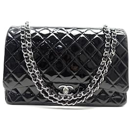 Chanel-NEW CHANEL MAXI JUMBO TIMELESS HANDBAG IN BLACK PATENT LEATHER HAND BAG-Black