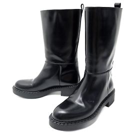 NEUE PRADA SCHUHE BIKERSTIEFEL 38.5 SCHUHBOX AUS SCHWARZEM LEDER + LEDER Schwarz