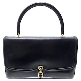 Hermès-VINTAGE SAC A MAIN HERMES FERMOIR CHAINE D'ANCRE CUIR BOX BLEU LEATHER HAND BAG-Bleu Marine