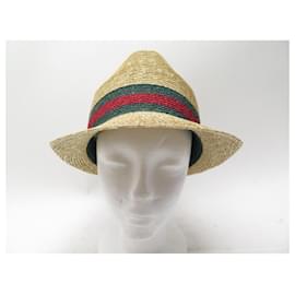 Gucci-NEW GUCCI FEDORA HAT 434760 XL/59 NEW HAT BEIGE RAFFIA WEB BAND-Beige