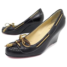 Christian Louboutin-NEW CHRISTIAN LOUBOUTIN SHOES 36 BLACK LEATHER WEDGE BOATS SHOES-Black