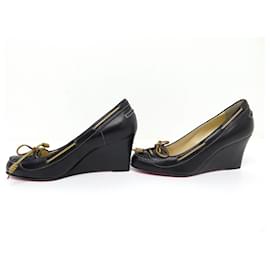 Christian Louboutin-NEW CHRISTIAN LOUBOUTIN SHOES 36 BLACK LEATHER WEDGE BOATS SHOES-Black
