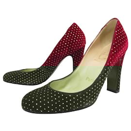 Christian Louboutin-CHRISTIAN LOUBOUTIN SHOES 35 POINTED VELVET HEEL PUMPS SHOES-Red