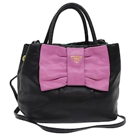 Prada-PRADA Ribbon Hand Bag Leather 2way Black Pink Auth hk777-Black,Pink