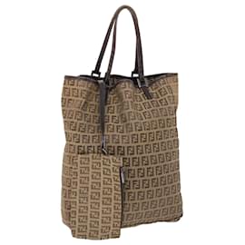 Fendi-FENDI Zucchino Canvas Tote Bag Nylon Leather Brown Auth rd5610-Brown