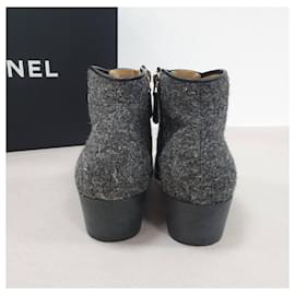 Chanel-Chanel Black Leather Wool CC Logo Ankle Boots Booties-Black,Dark grey