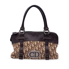 Christian Dior-Brown Logo Oblique Canvas Satchel Shoulder Bag-Brown