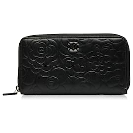 Chanel-Chanel Schwarze Kamelien-Geldbörse mit umlaufendem Reißverschluss-Schwarz