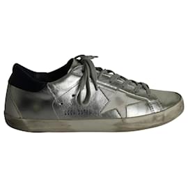 Golden Goose-Golden Goose Metallic Super-Star Sneakers in Silver Leather-Silvery,Metallic