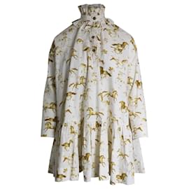 Ganni-Ganni Kleid mit Rüschenhals-Pferdemuster aus weißer Bio-Baumwolle-Weiß