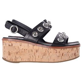 Prada Rhinestone-Embellished Cork Wedge Sandals in Black Leather Black