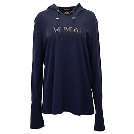 Balmain Kapuzenpullover mit Kordelzug aus marineblauer Baumwolle Blau Marineblau