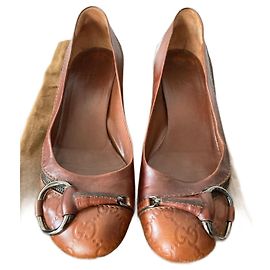 Gucci Brown Leather Monogram Ballet Flats Brown