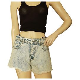 Alexander Wang Blue Denim Jeans Crystal Logo Strap Raw Cut Shorts taille L Bleu