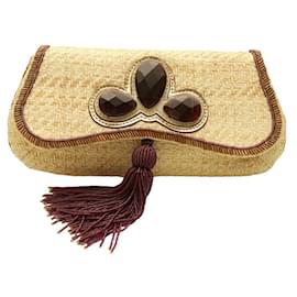 Anya Hindmarch-Anya Hindmarch Clutch-Tasche aus geflochtenem Raffiabast mit natürlichen Juwelen und lila Quasten-Beige