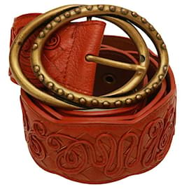 Bottega Veneta-Bottega Veneta Cintura con fibbia grande in pelle rossa Ecaille color bronzo 85/34-Bordò