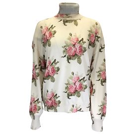 Paco Rabanne Elfenbein / Rollkragenpullover aus Wollstrick in Rosa mit Blumenmuster Roh