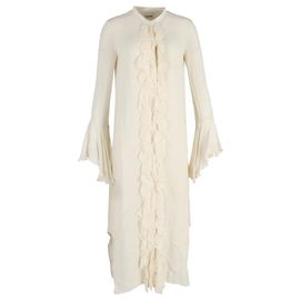 Vestido Khaite Callen com manga canelada e babados em seda marfim Branco Cru