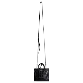 Saint Laurent-Saint Laurent Toy Sac de Jour  Crocodile Embossed Shoulder Bag in Black Leather-Black