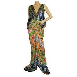 Camilla-Camilla Ethnic Print Beaded Blue Green Silk Sleeveless Long Summer Caftan dress-Multiple colors