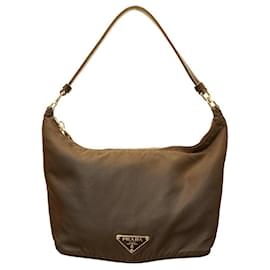 Prada-PRADA Brown Canvas Ledergriff Kleine Handtasche mit Reißverschluss oben Umhängetasche-Braun