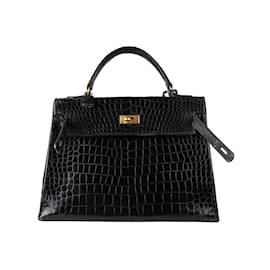 Hermès-Hermès Lisse Crocodile Kelly 32 Retourne Handbag-Black