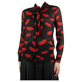 Saint Laurent-Black sheer lips printed neck-tie blouse - size FR 36-Black