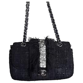 Chanel-Chanel black tweed, crystals Swarovski strass, feathers fringe small/medium limited edition 2005 Classic flap bag-Black