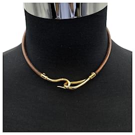 Hermès-Hermes Tan Leather lined Tour Gold Metal Jumbo Hook Bracelet-Golden