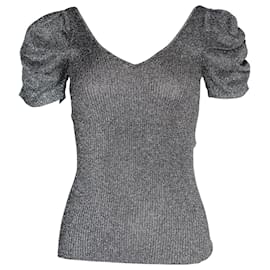 Sandro-Sandro Metallic Puffed-Sleeved Stretch-Knit Top In Silver Polyester-Silvery,Metallic