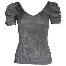 Sandro Metallic-Top aus Stretch-Strick mit Puffärmeln aus silbernem Polyester Silber Metallisch