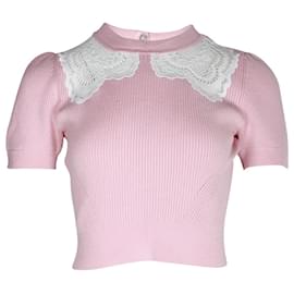 Self portrait-Self-Portrait Lace-Insert Knitted Top in Light Pink Cotton-Other