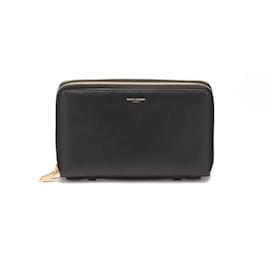 Yves Saint Laurent-Leather Double Zip Around Compact Wallet-Black