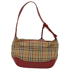Burberry-BURBERRY Nova Check Hand Bag Canvas Beige Red Auth 50197-Red,Beige