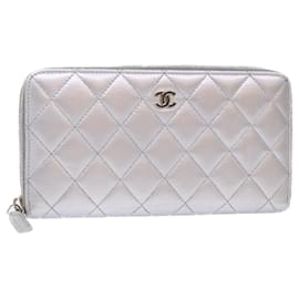 Chanel-CHANEL Long Wallet Lamb Skin Silver CC Auth 49958a-Silvery