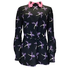 Valentino-Valentino negro / rosado / Púrpura Multi 2021 Top de crepé de lana con cinturón y estampado floral-Multicolor