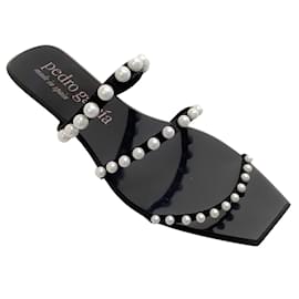 Pedro Garcia-Pedro Garcia Black Satin Verita Flat Sandals with Pearl Embellishments-Black